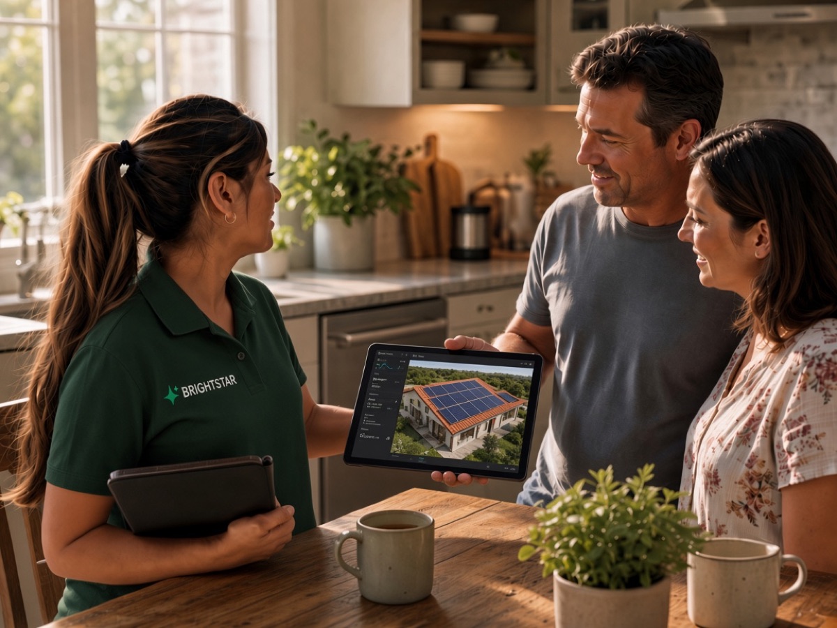 A BrightStar consultant showing a homeowner couple their solar and battery design on a tablet