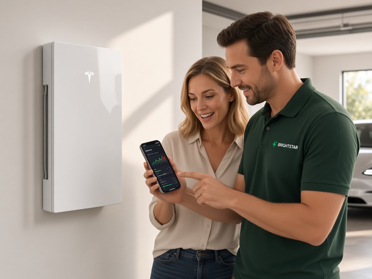 A BrightStar technician showing a homeowner her new Powerwall 3 in the app
