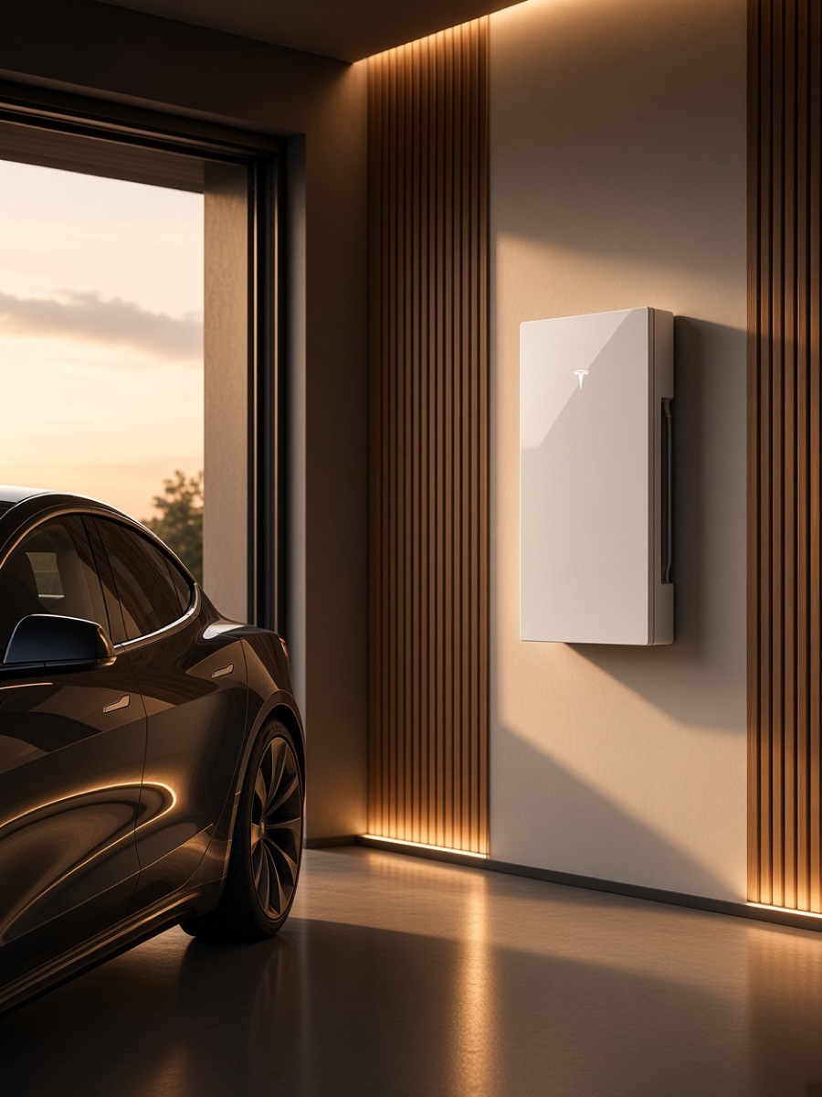 A Tesla Powerwall 3 in a modern garage at dusk