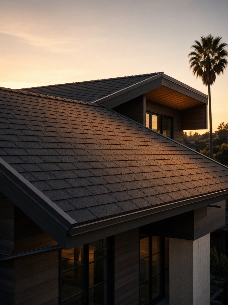 A new charcoal shingle roof at golden hour