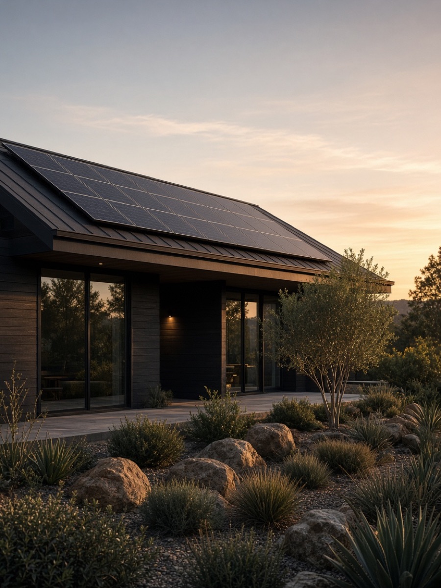 A modern California home with black solar panels at sunset